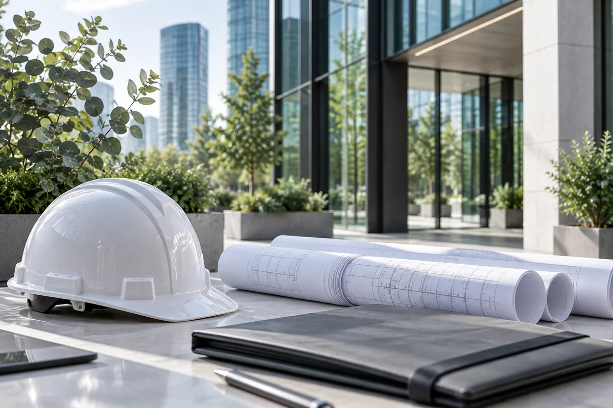 Safety helmet and technical drawings prepared for coordinated works