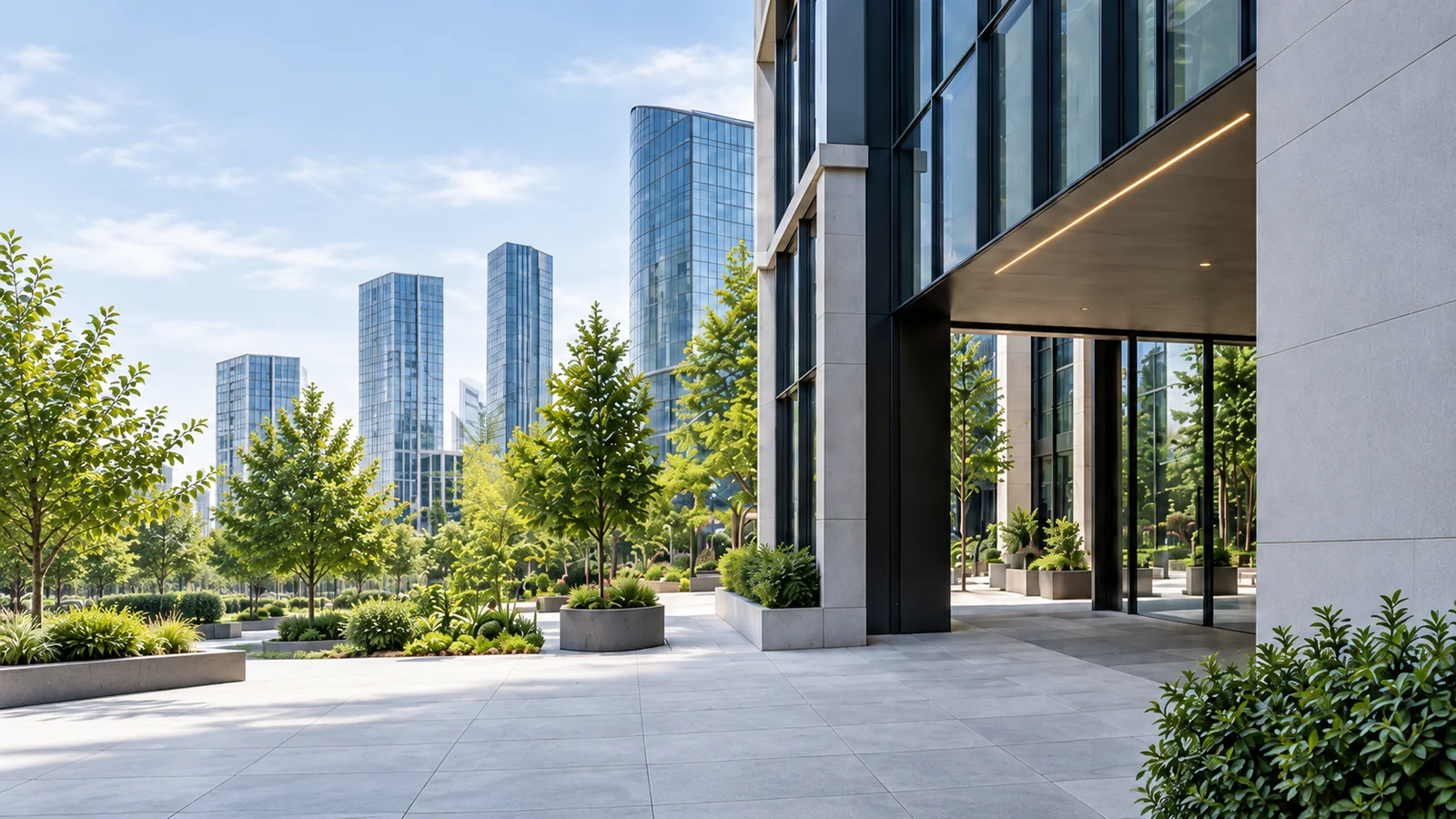 Contemporary commercial building and landscaped surroundings