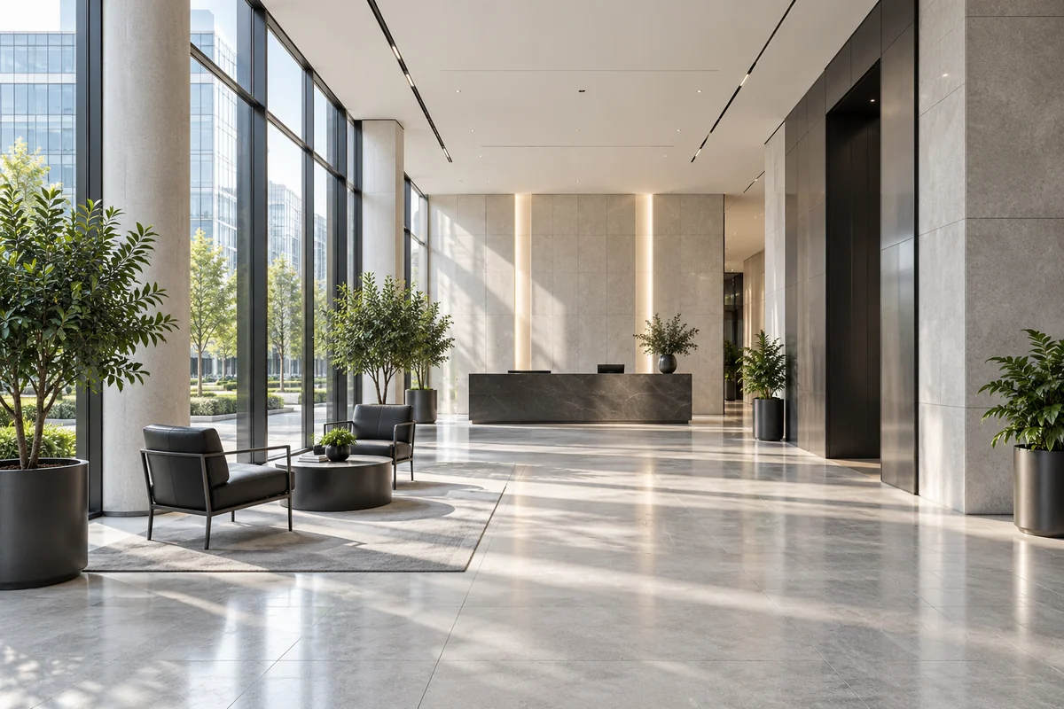Daylit commercial lobby with stone finishes