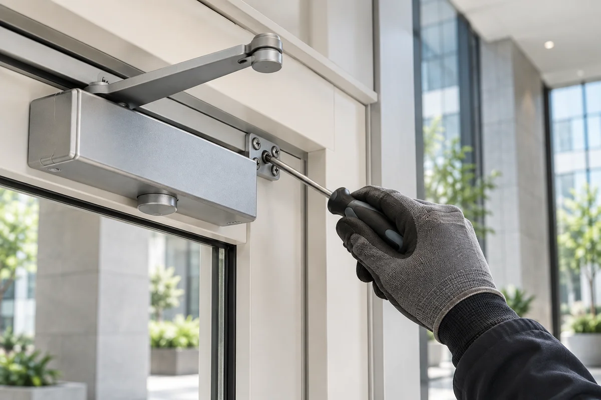 Maintenance technician adjusting commercial door hardware